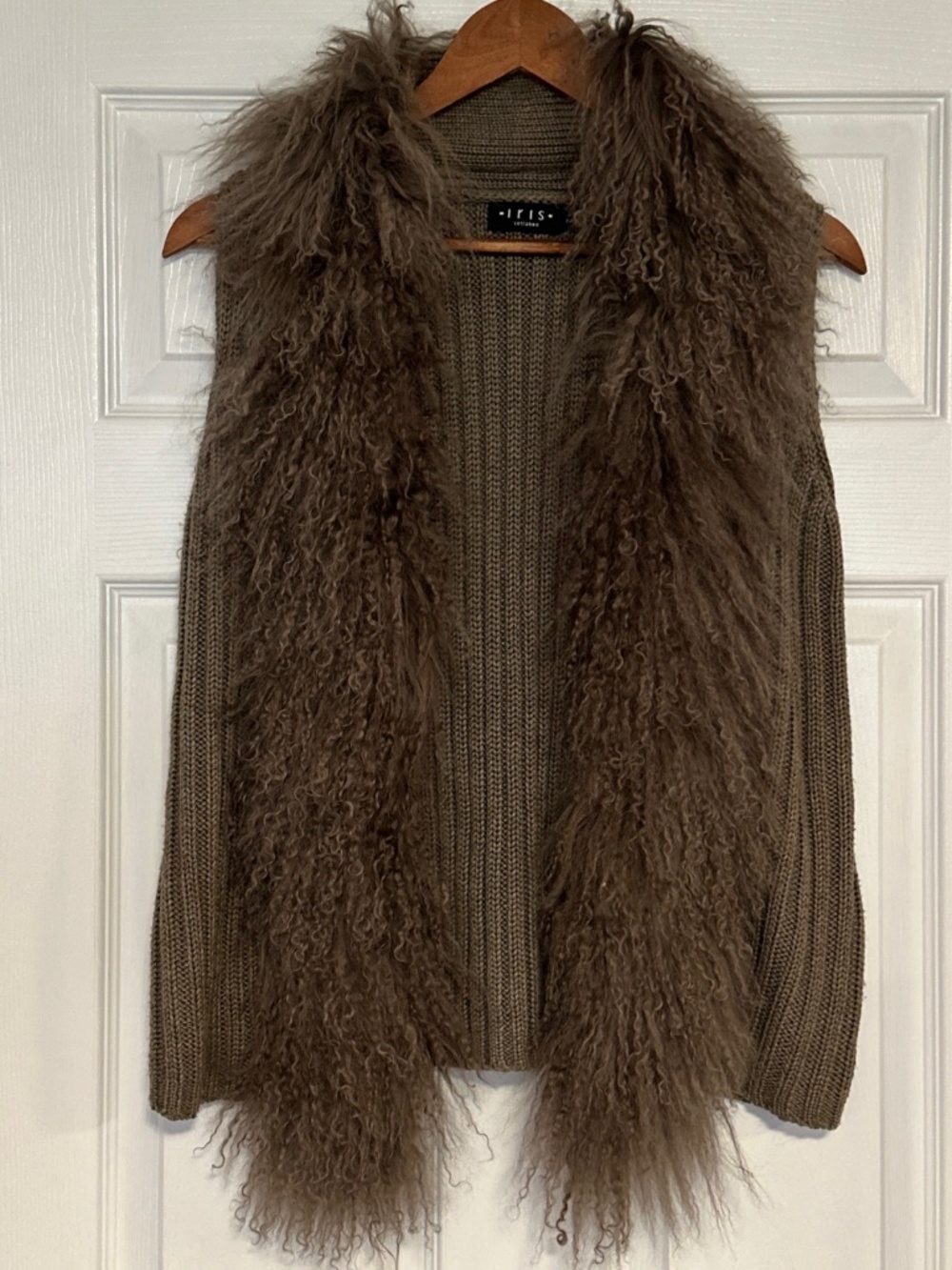 Iris Setlakwe Brown Knit Vest Mongolian Fur Collar Medium Ribbed Luxury Boho